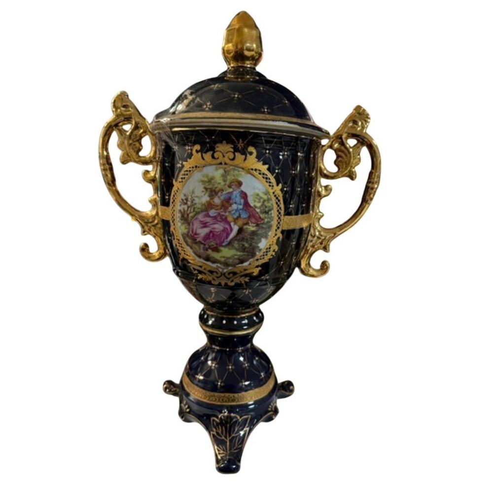 Large Vintage Limoges Design Cobalt Blue & Gold Courting Couple Covered Urn 19"